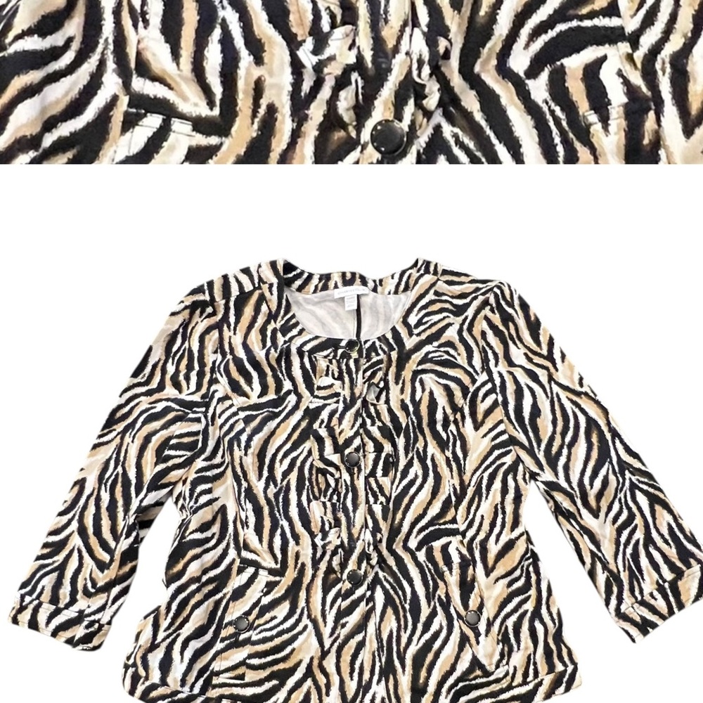 CHARTER CLUB Womens Animal Print 3/4 Sleeve Blazer‎ Jacket Large Ruffle Buttons